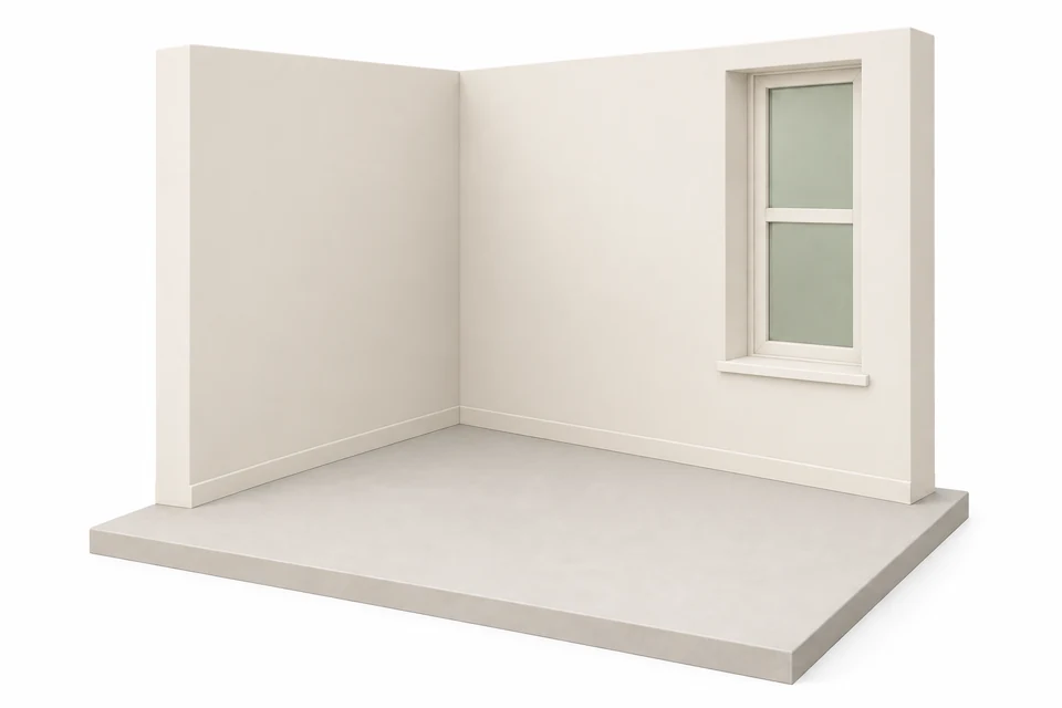 The same illustrated room corner with the unwanted items removed and its floor space clear.