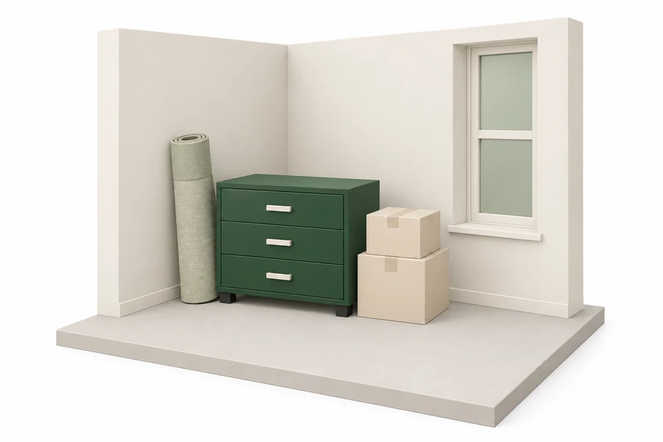 Illustrated room corner occupied by an unused dresser, a rolled rug and boxes.