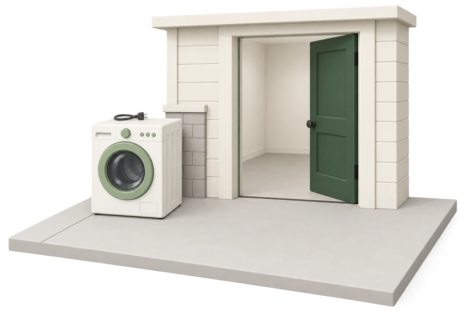A disconnected washing machine outside a ground-level doorway, with its plug resting on top and a clear path beside it.