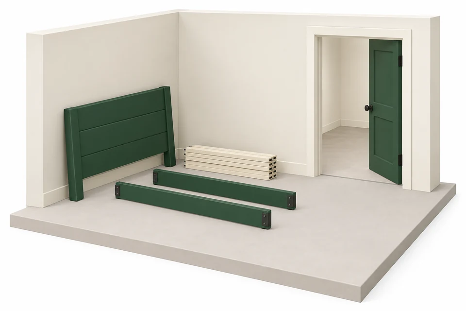 A matching headboard, rails and slats remain in an otherwise empty bedroom beside a clear doorway.