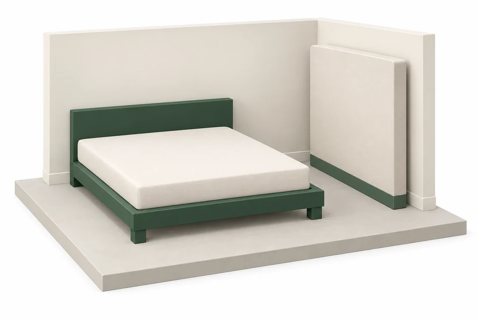 An unused rigid box spring stands beside a complete platform bed whose mattress needs no box spring.