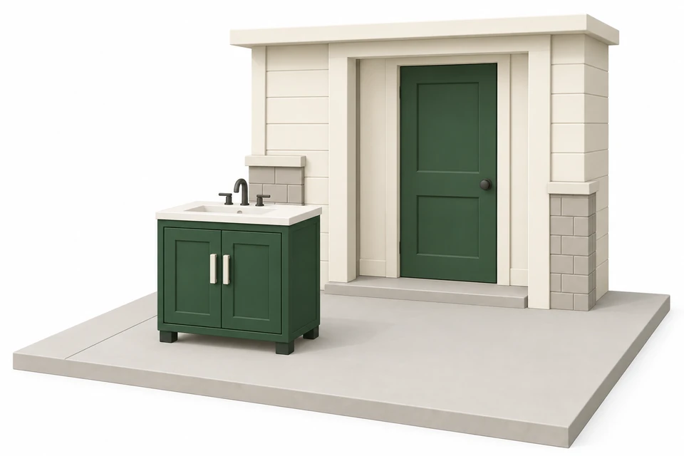 A detached bathroom vanity with a basin standing outside beside a house entrance, leaving a clear path to the door.