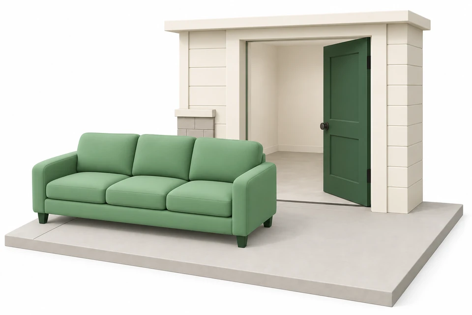 A sofa ready outside an open doorway, with an empty room behind it and a clear path alongside.