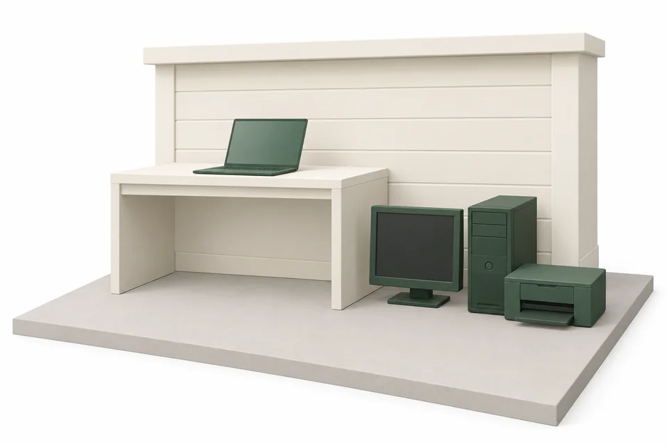 A laptop on a desk beside a retired monitor, desktop tower and printer taking up floor space.