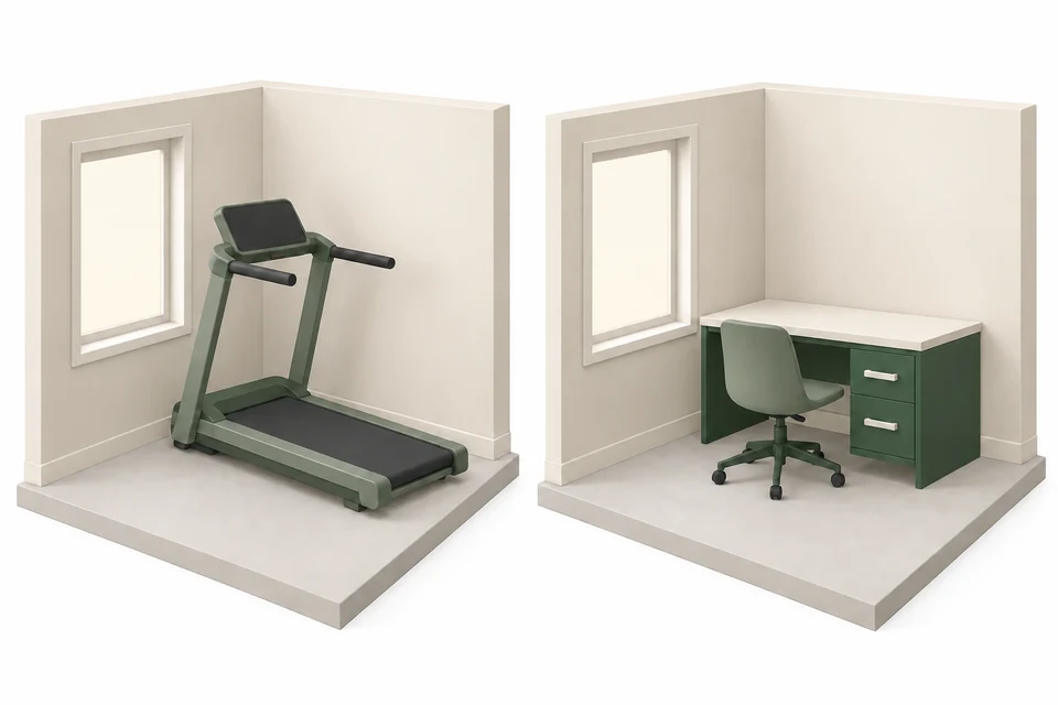 Two views of the same room corner: a treadmill on the left, and a small desk and chair in its place on the right.