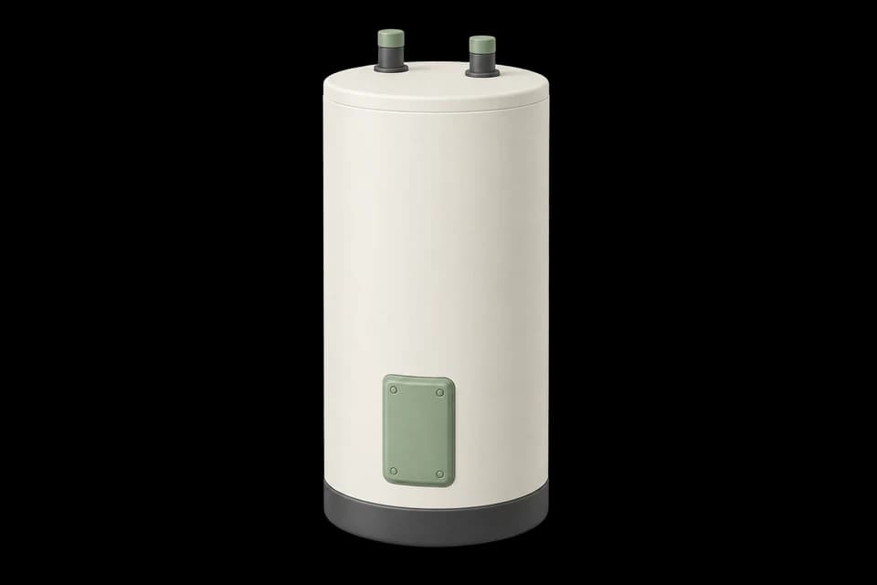 A disconnected cylindrical water heater with capped fittings.