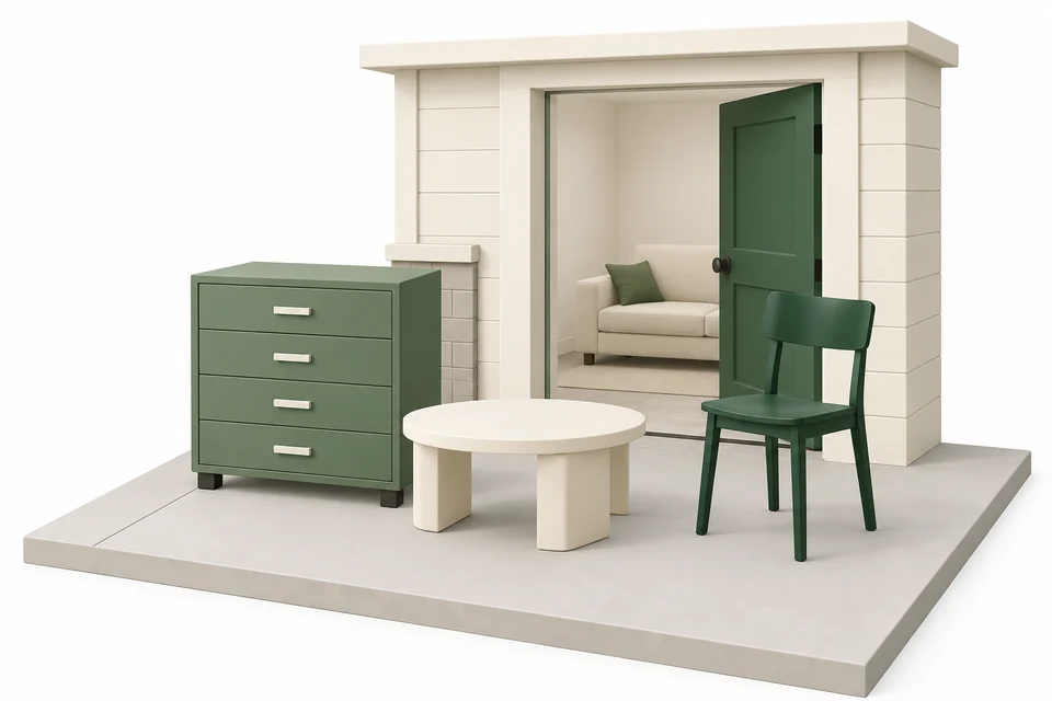 A dresser, coffee table and dining chair stand outside an open doorway while a sofa remains inside the room.
