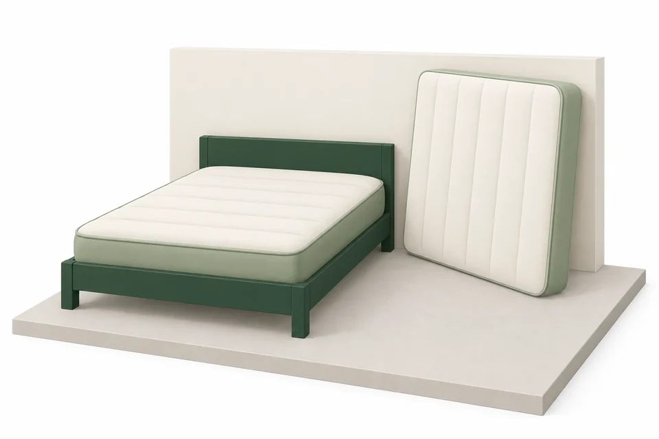 An extra mattress takes up floor space beside a bed with its mattress already in place.