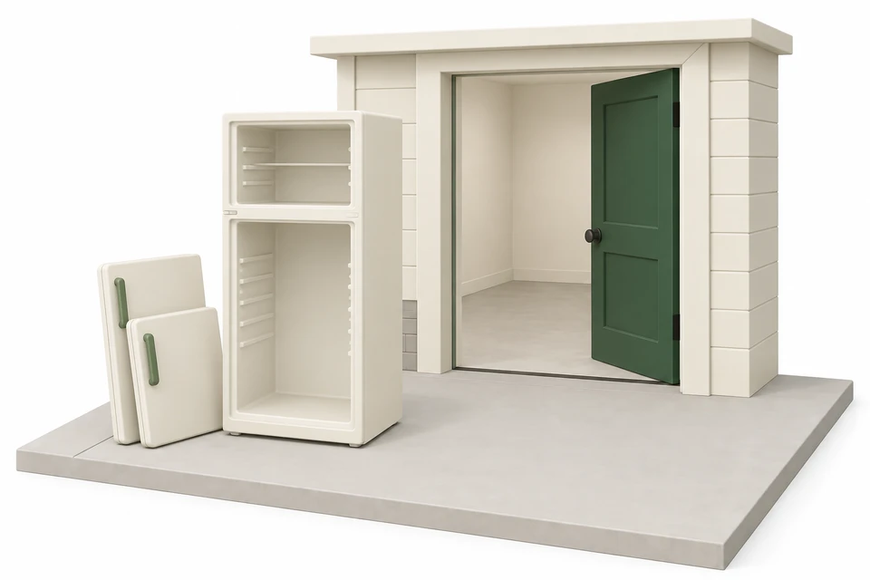 An empty refrigerator with its doors removed stands outside beside a clear ground-level entrance; the detached doors are kept beside the cabinet.
