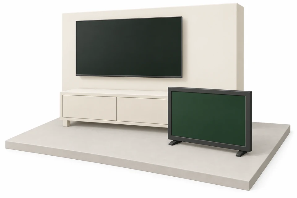 A replacement television is mounted above a media console while an old freestanding TV still occupies the floor beside it.