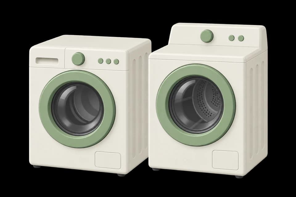 A household washing machine and clothes dryer standing side by side as two separate appliances.