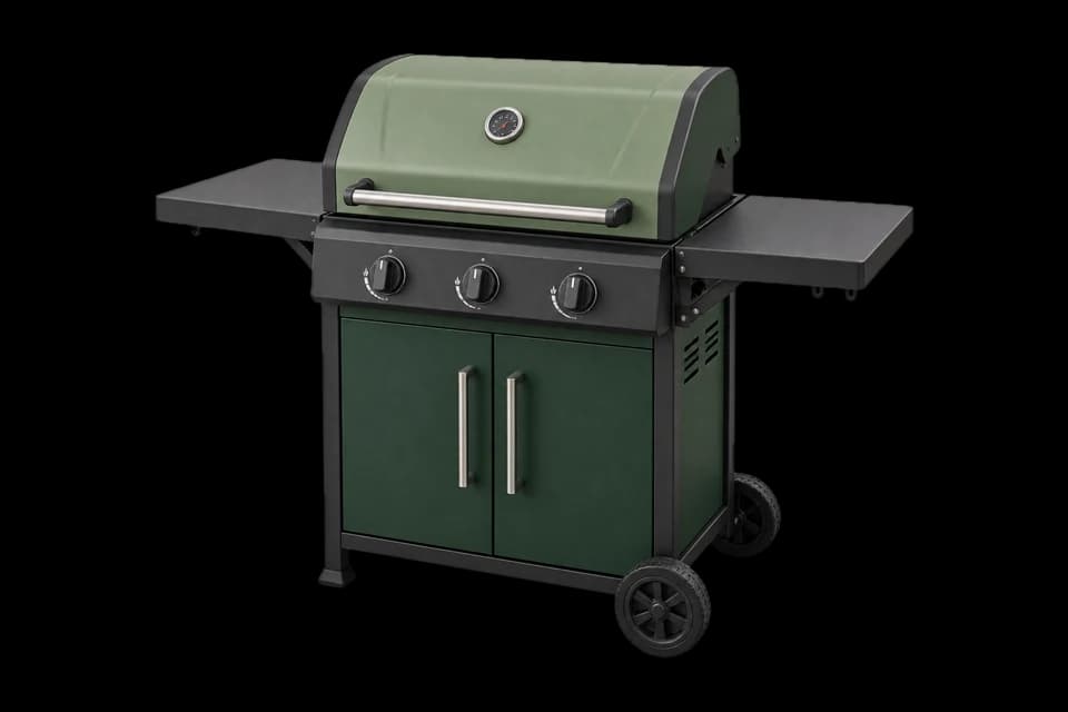 A freestanding gas barbecue grill.