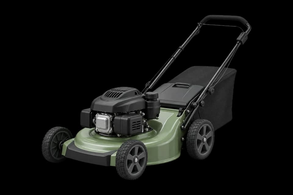 A walk-behind push lawn mower.