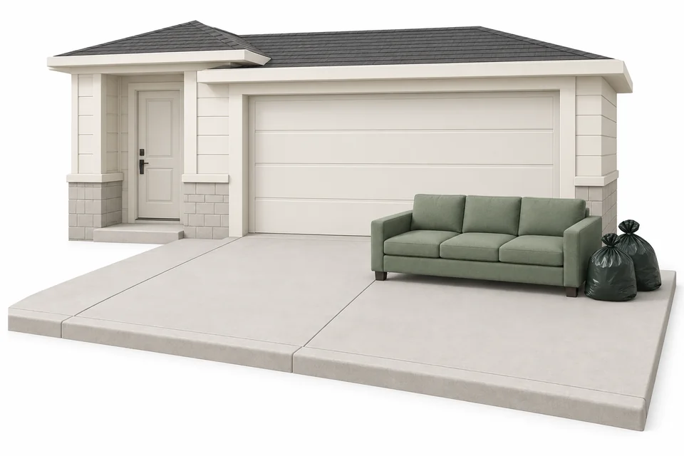 Sofa and bags on a driveway outside a closed garage, leaving a clear walking path.