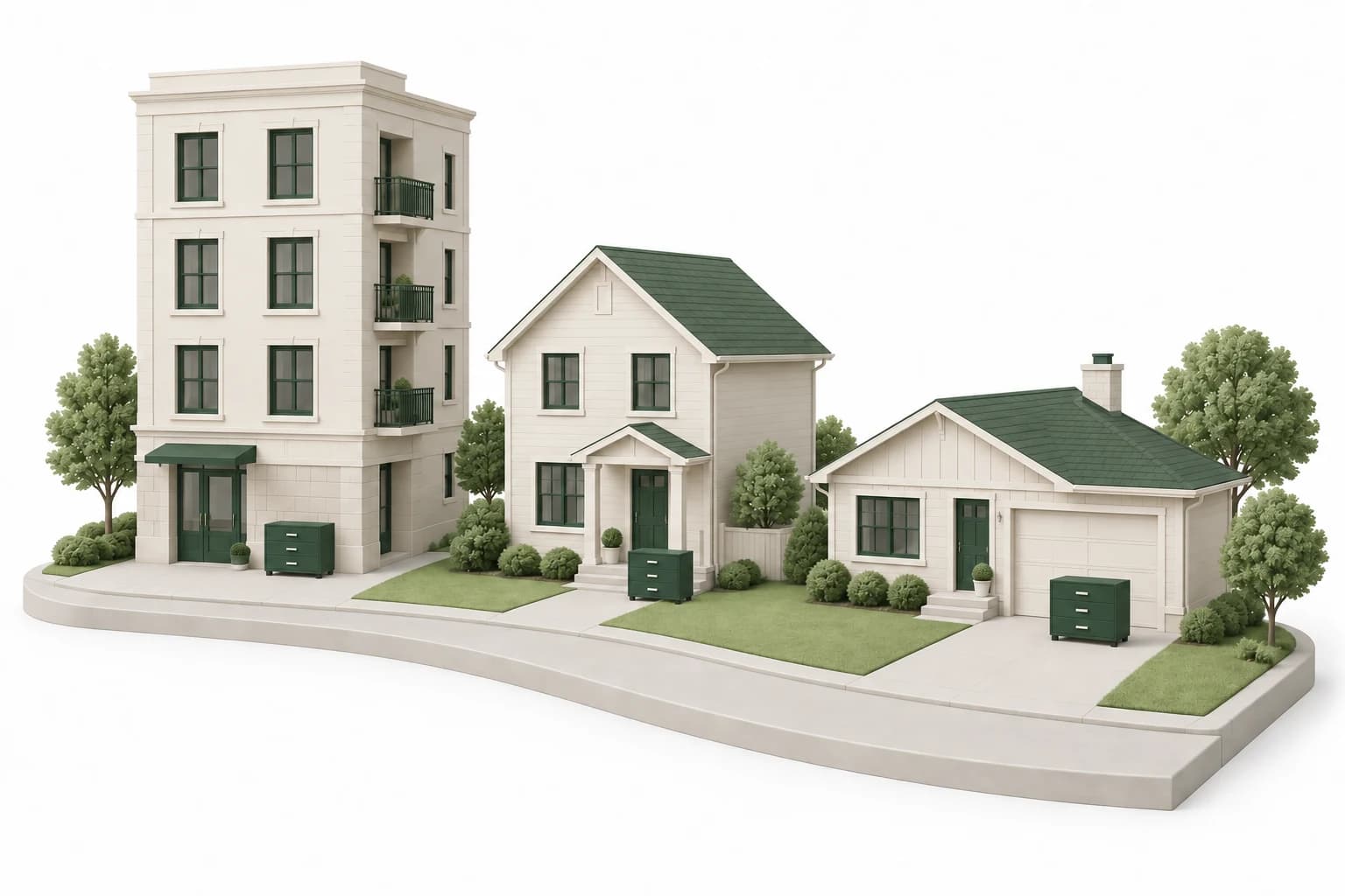 An apartment building, a small-town home and a country home, each with an item outside ready for pickup.