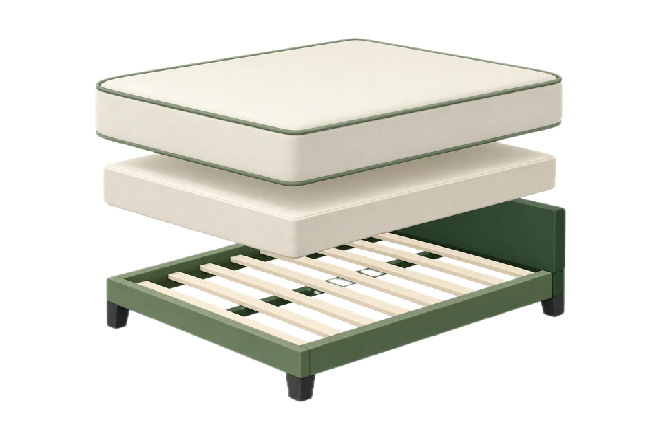 A mattress, box spring and bed frame, separated vertically to show each part.