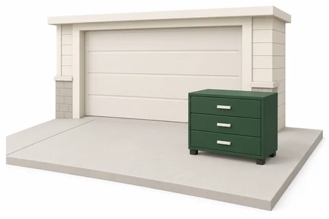 A dresser outside a closed garage, with an open driveway in front.