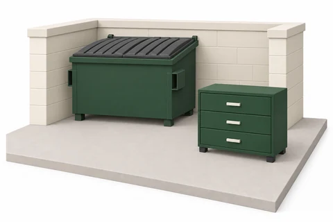 A dresser on the ground beside a dumpster, not inside it.