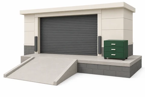 A dresser on an outdoor loading platform with a broad, open access ramp.