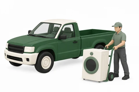 Small-pickup example: one anonymous hauler with a washing machine on a hand truck, beside a compact pickup.