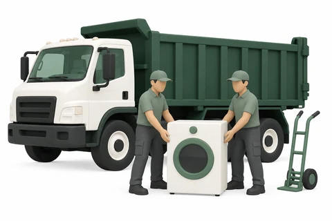 Full-service example: two anonymous workers beside one washing machine, with a large dump truck behind them.