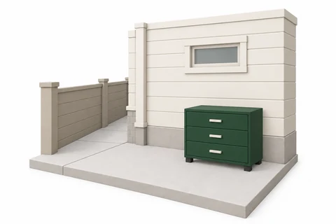 A dresser beside an exterior house wall with an open outdoor path.