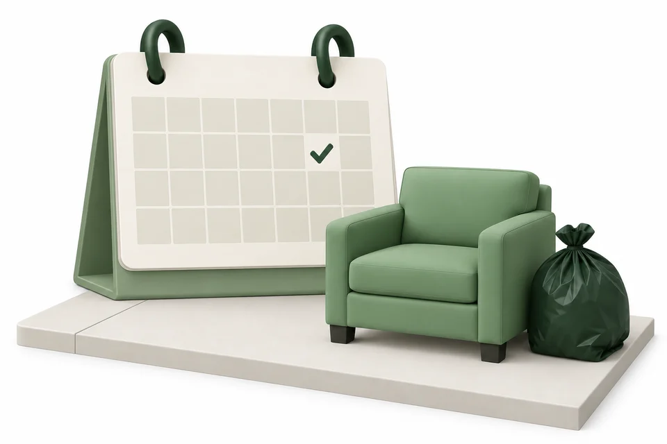 A selected day on a calendar, beside an armchair and bag ready outside.
