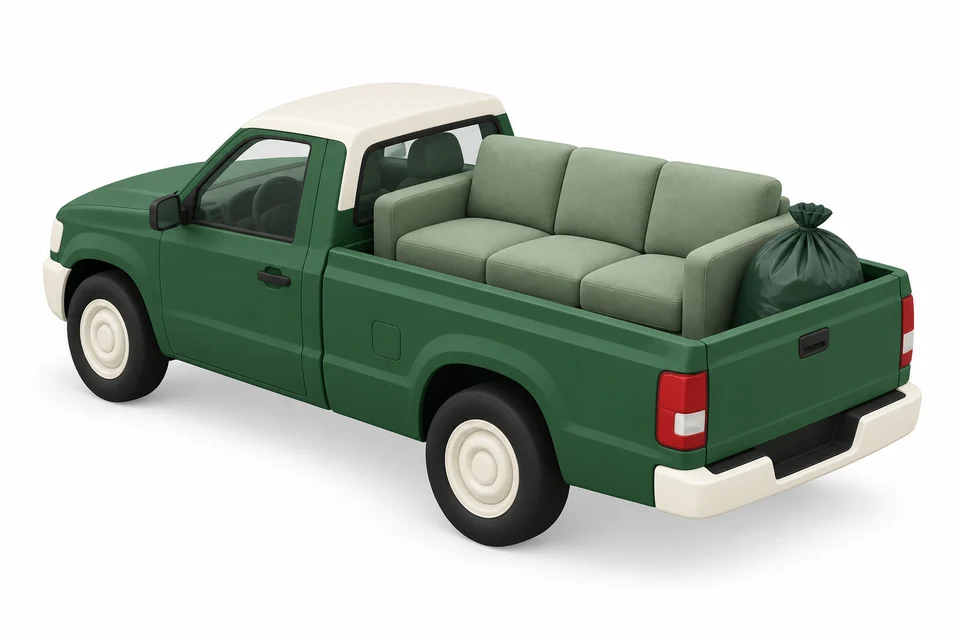 A sofa and a trash bag traveling together in one pickup.