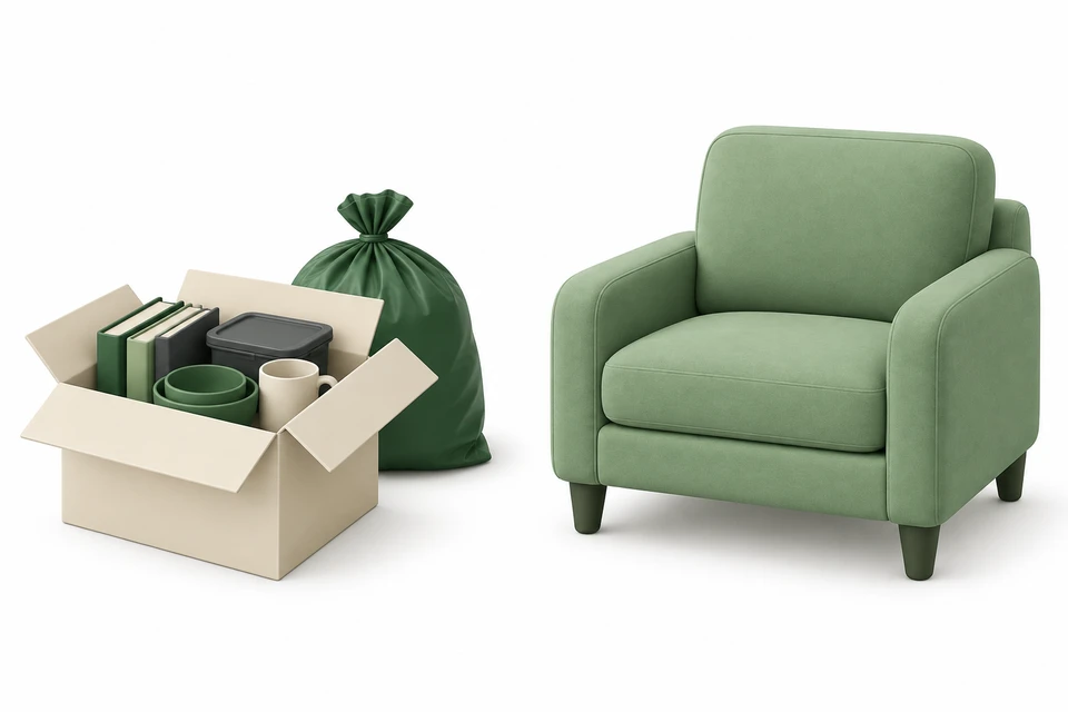 Small household items packed in a box beside a bag, separated from a large armchair.